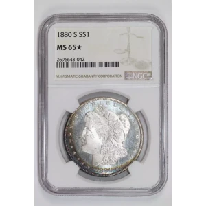 1880-S MORGAN DOLLAR NGC MS65* STAR RAINBOW CRESCENT TONING!