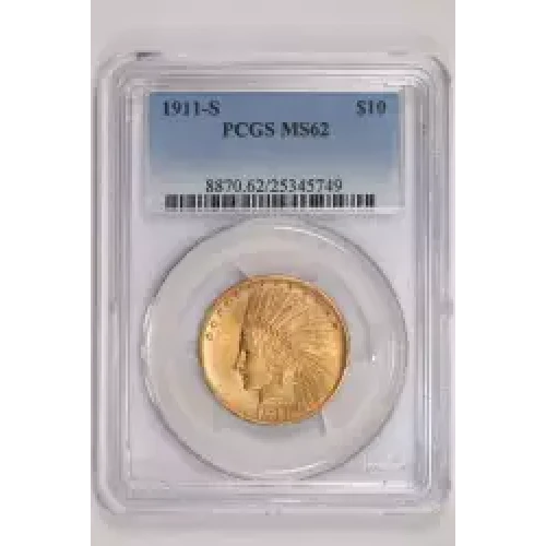 1911-S $10 GOLD INDIAN EAGLE PCGS MS62 - VERY RARE DATE! 