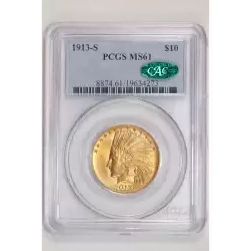 1913-S $10 GOLD INDIAN EAGLE PCGS MS61 CAC - GREAT LOOK, VERY PQ!