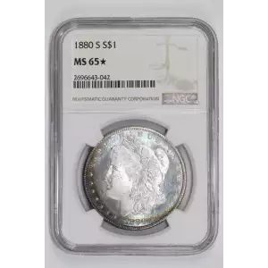 1880-S MORGAN DOLLAR NGC MS65* STAR RAINBOW CRESCENT TONING!