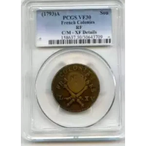 Colonial-French New World Issues-Billion Coinage of 1709-1760-Sou Marque -- 1 Sou (3)